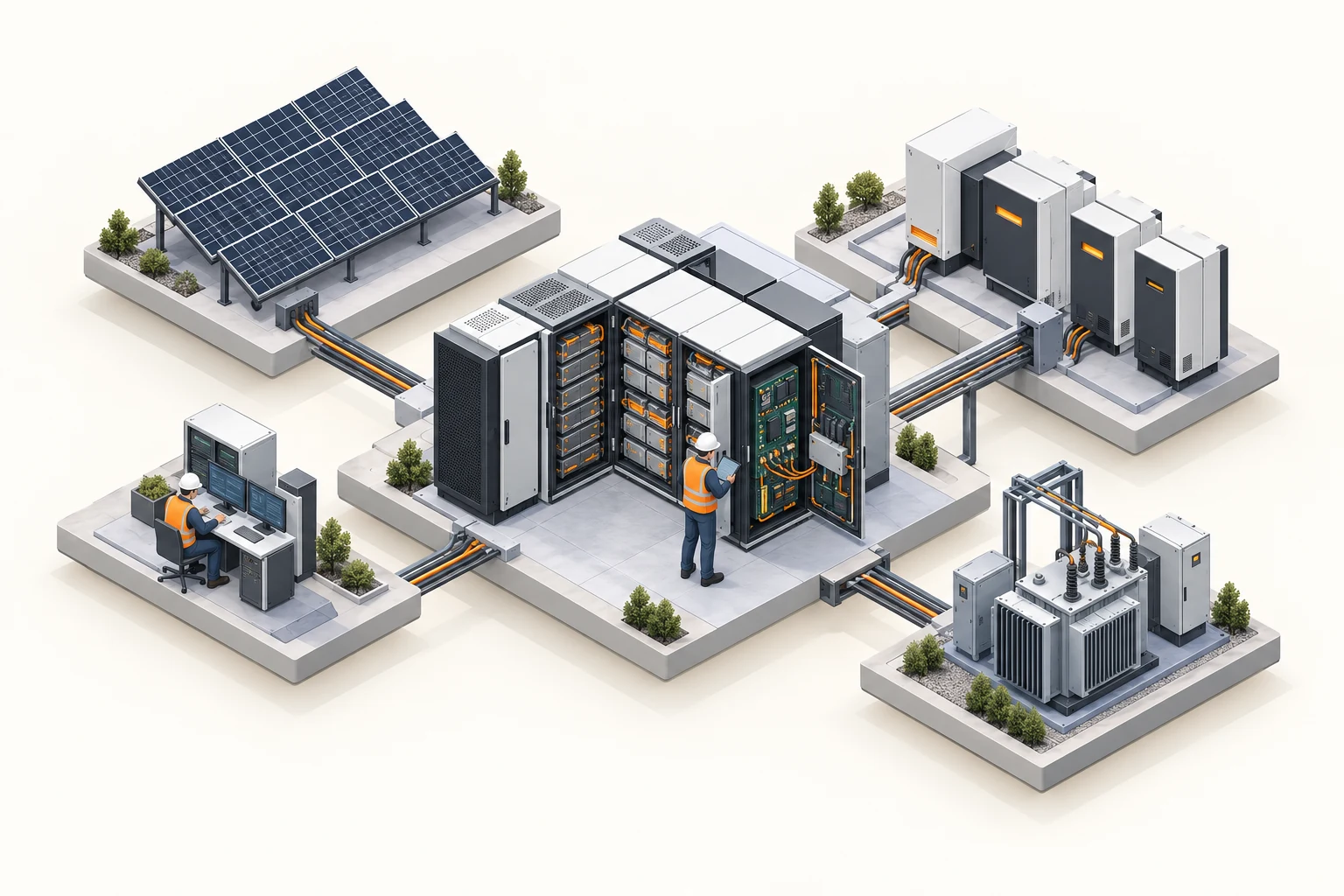 Conceptual technical illustration of a battery system, BMS and inverter