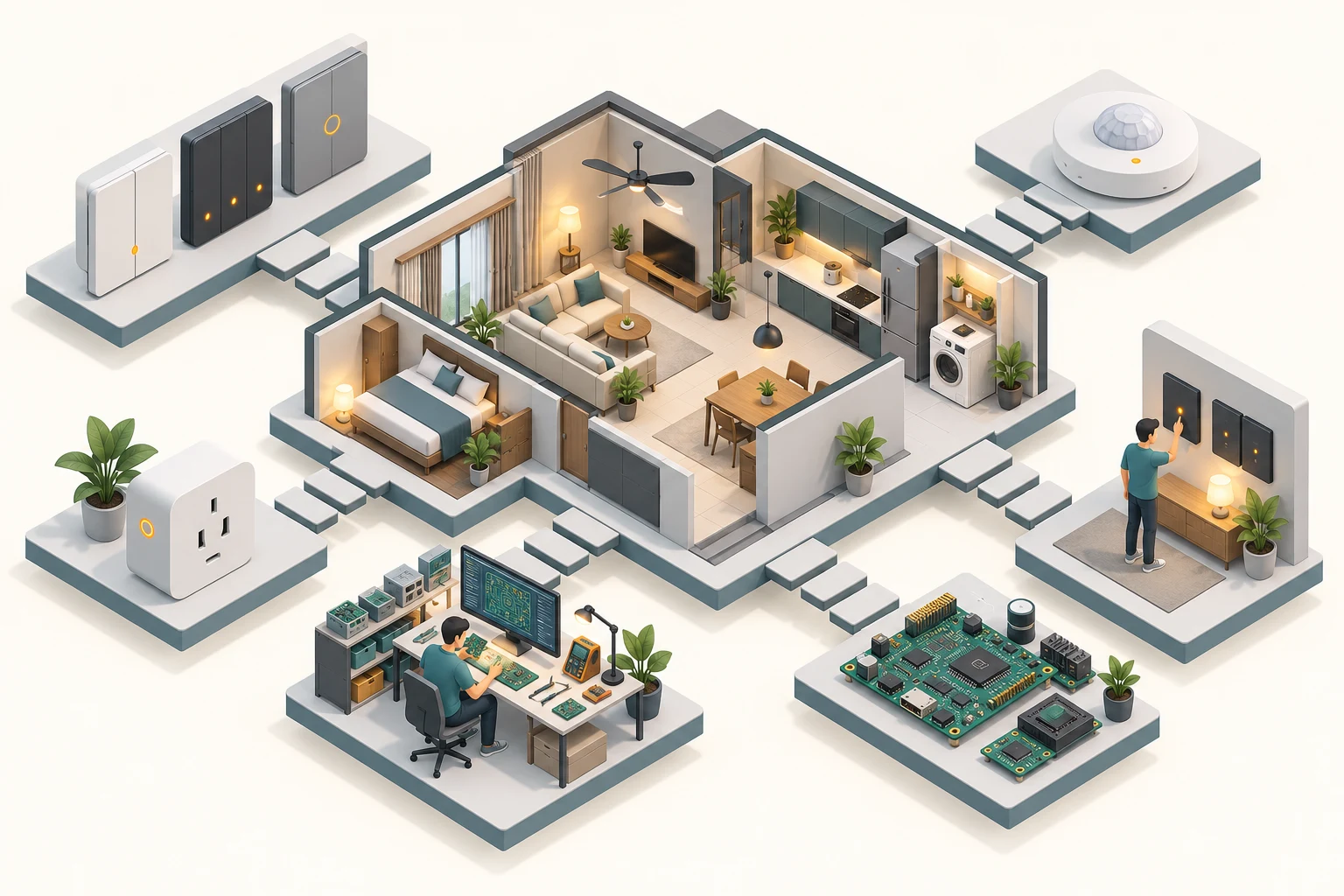 Conceptual isometric illustration of smart-home devices, electronics and product development