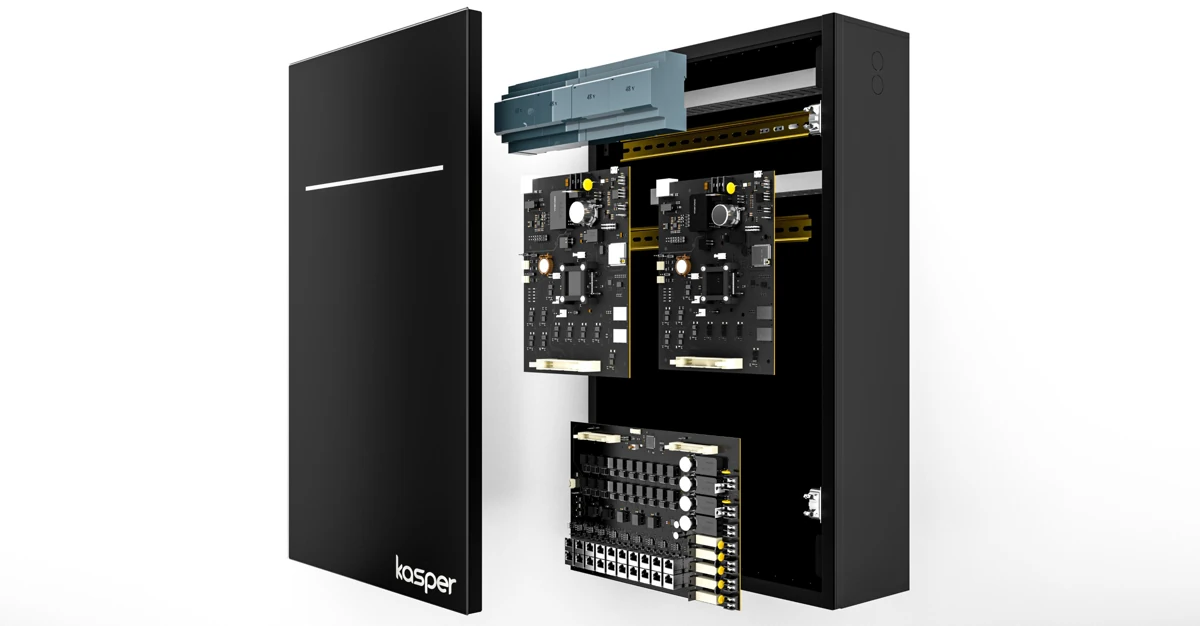 Main control unit — exploded view. Front cover, power supply, controller boards and connection hardware.