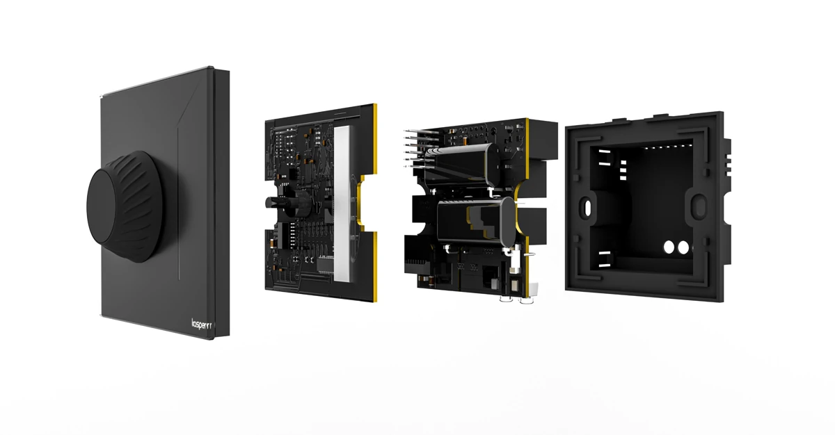 Fan / dimmer — exploded view. Rotary interface, board stack and enclosure shown in assembly order.