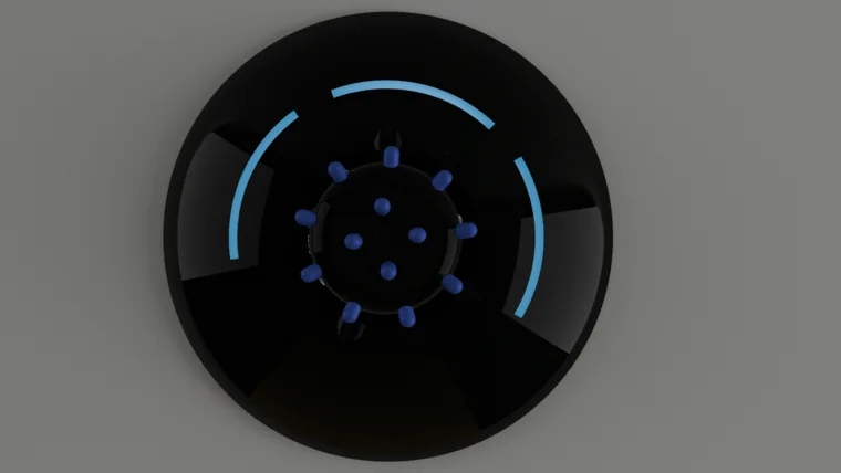 Circular black Kasper IR assembly render with blue components and ring.