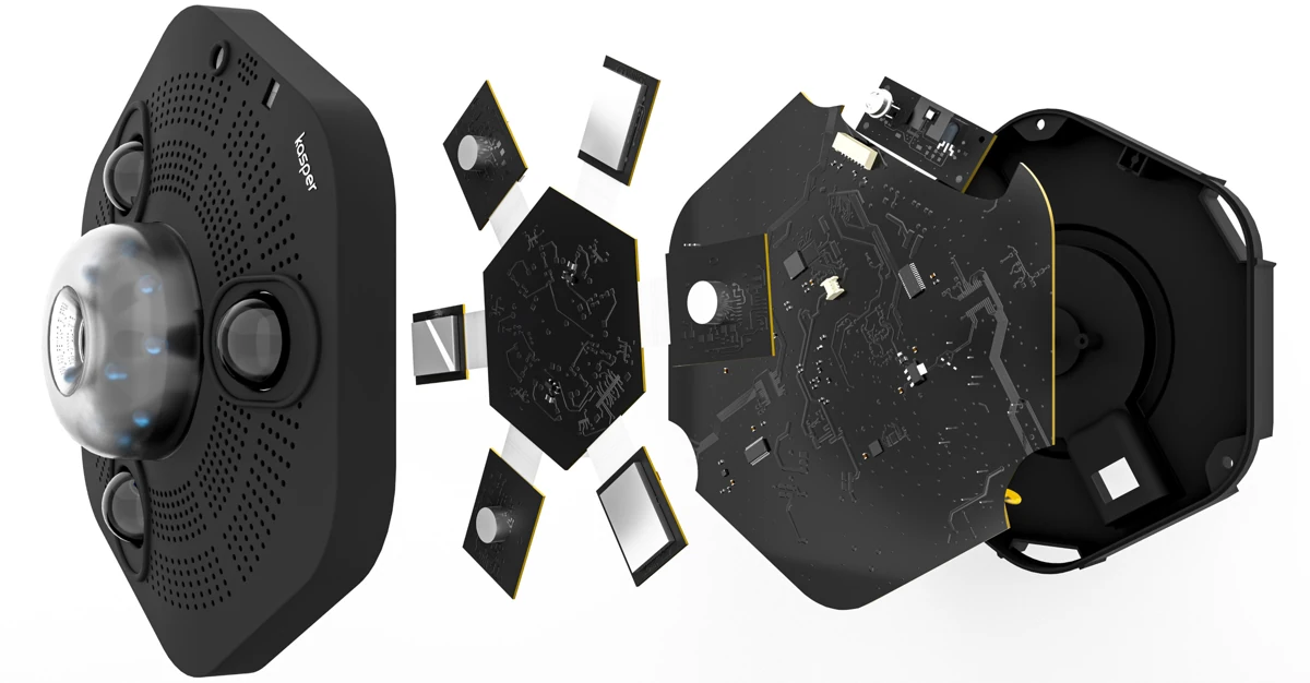 IR controller — exploded view. Sensor face, angled sensor boards, main PCB and circular enclosure.