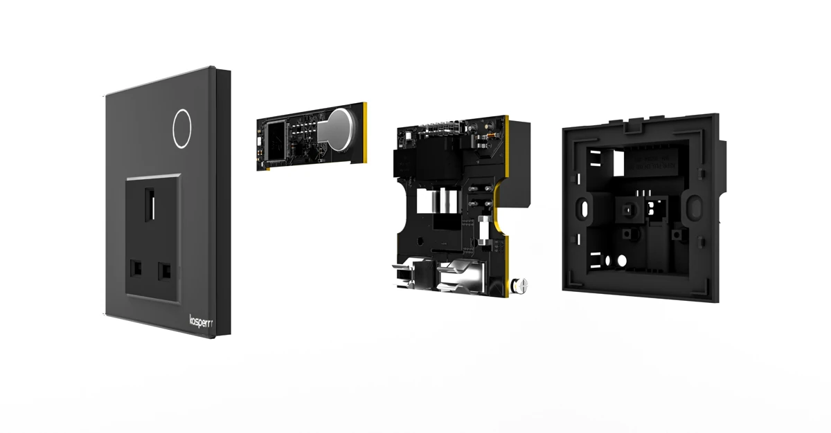 Smart plug — exploded view. Socket face, circuit boards and enclosure shown as separate parts.