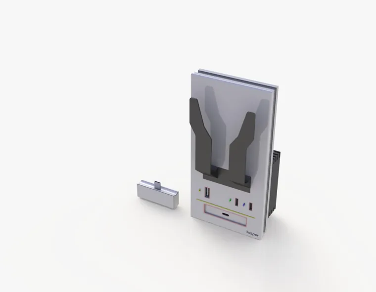Rendered upright enclosure with a smaller detached component.