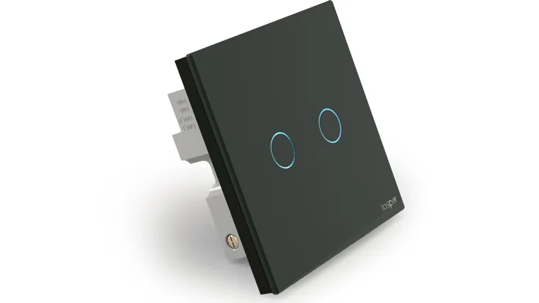 Angled Kasper two-gang switch render with two illuminated touch rings.