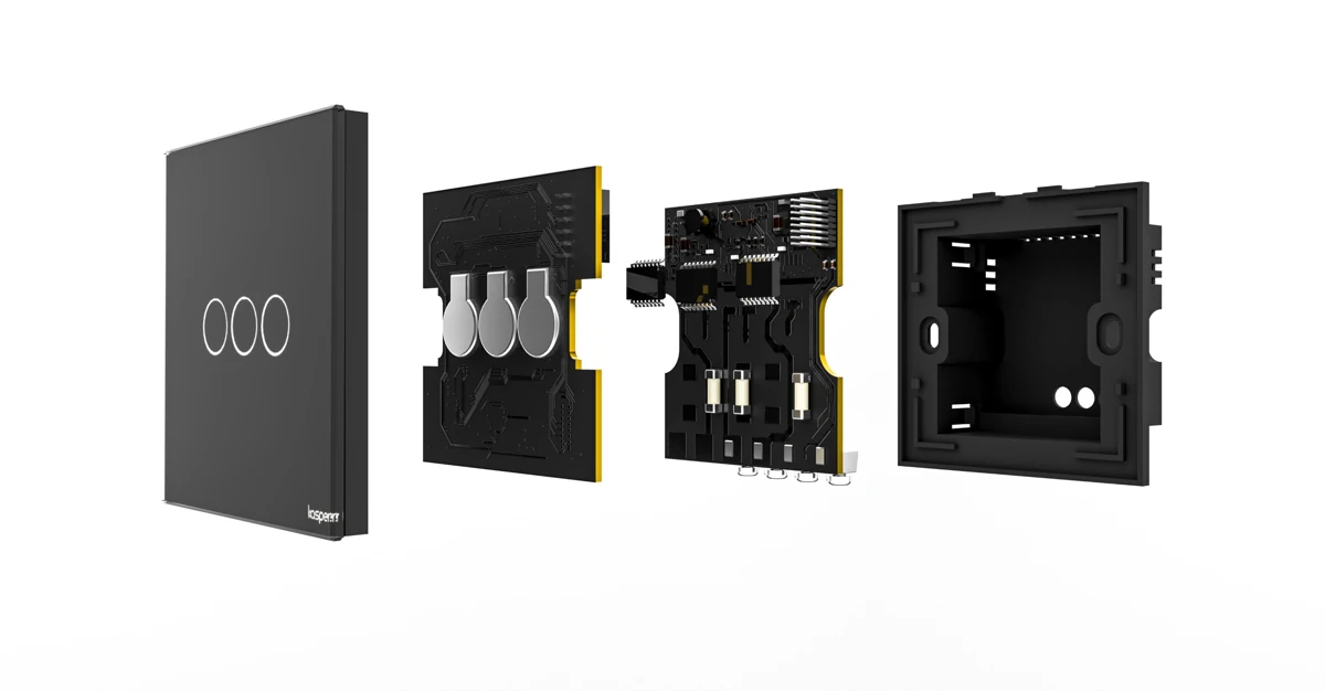 Smart switch — exploded view. Touch face, upper and lower PCBs, and rear enclosure separated to show the assembly.