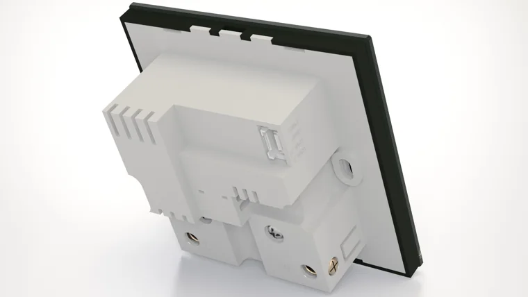 Rear of a Kasper switch with a white enclosure and black glass face.
