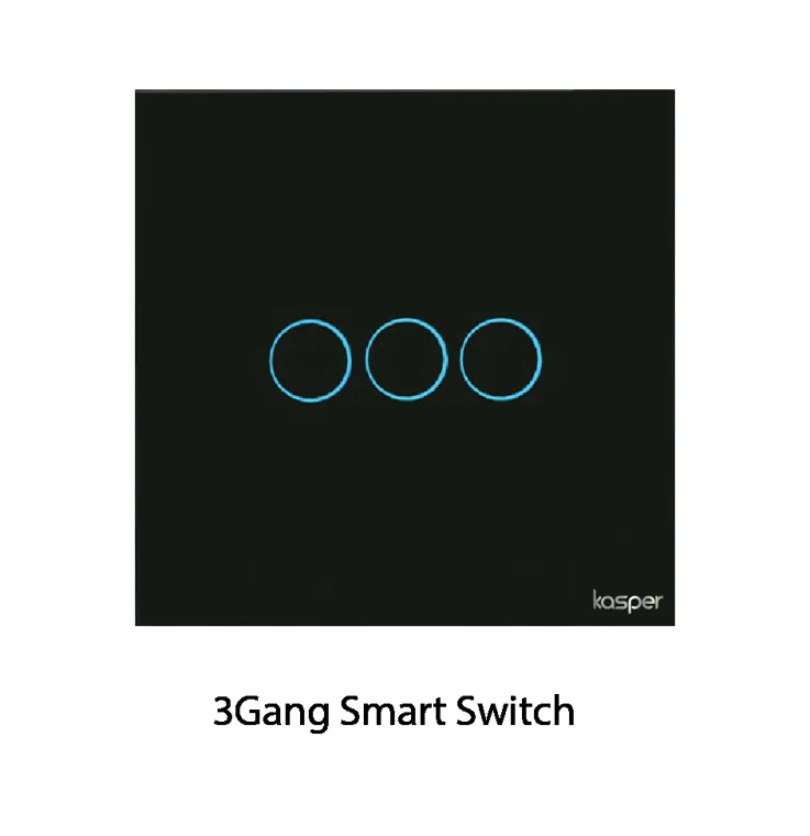 Black Kasper wall switch with three blue touch rings.