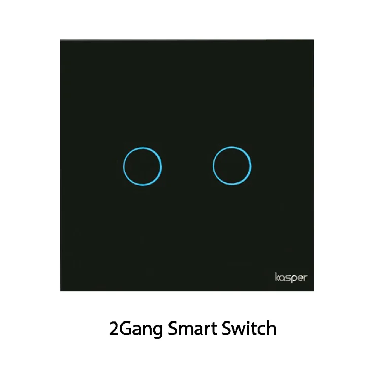 Black Kasper wall switch with two blue touch rings.
