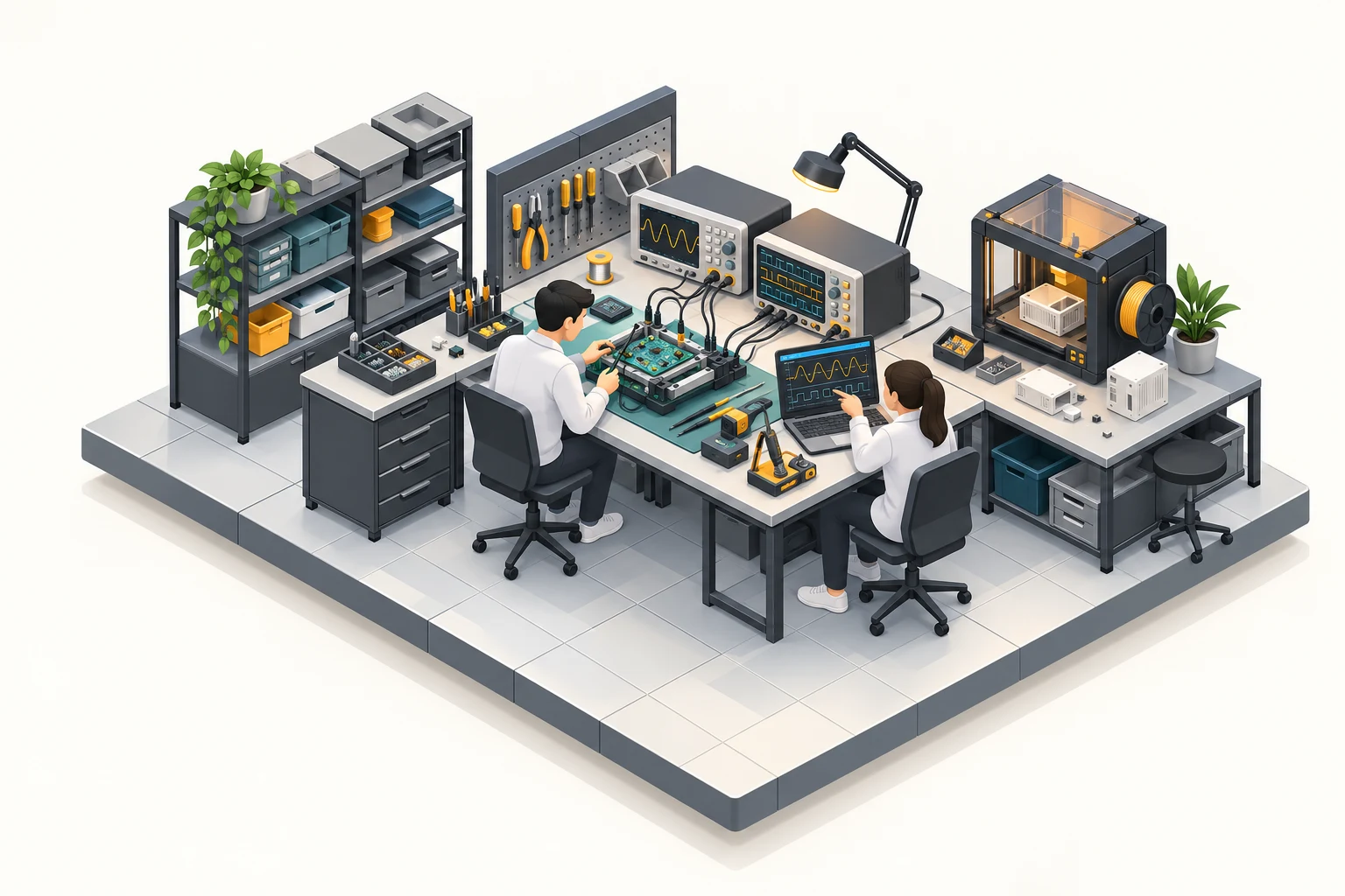 Conceptual illustration of a test bench connecting a device to diagnostic tools